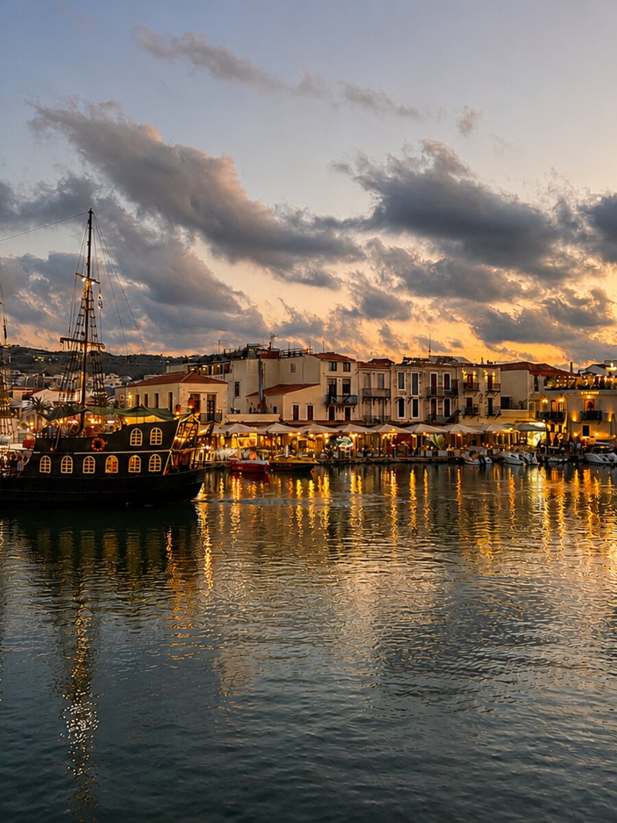 Alter Hafen mit Segelschiff in der Abenddämmerung